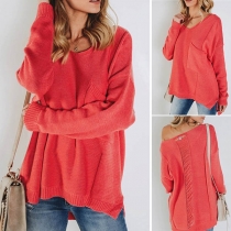 Fashion Solid Color Long Sleeve V-neck High-low Hem Ripped Sweater