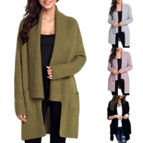 Fashion Solid Color Long Sleeve Lapel Front-pocket Knit Cardigan