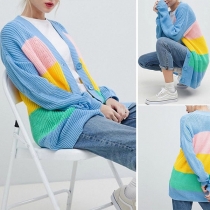 Fashion Long Sleeve V-neck Contrast Color Rainbow Knit Cardigan
