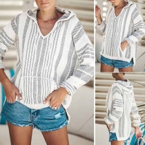 Fashion Long Sleeve V-neck Hooded Loose Striped Sweater