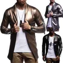 Fashion Solid Color Long Sleeve Slim Fit Men's PU Leather Coat