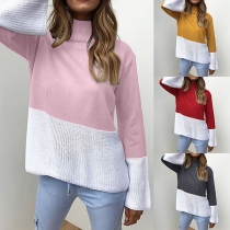 Fashion Contrast Color Long Sleeve High-neck Loose Sweater