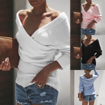 Sexy Crossover Deep V-neck Long Sleeve Solid Color Sweater