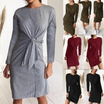 Fashion Solid Color Long Sleeve Front-knotted Slim Fit Dress