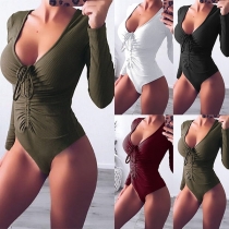 Sexy Drawstring Deep V-neck Long Sleeve Solid Color Bodysuit