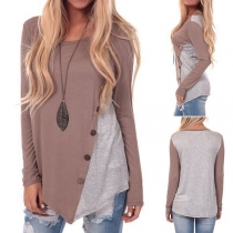 Fashion Contrast Color Long Sleeve Side-button Irregular Hem T-shirt 