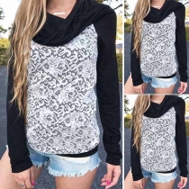 Fashion Lace Spliced Long Sleeve Cowl Neck T-shirt