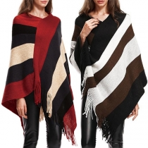 Fashion Contrast Color Striped Irregular Tassel Hem Knit Cloak Top