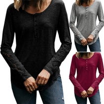 Fashion Lace Spliced Long Sleeve Round Neck T-shirt 