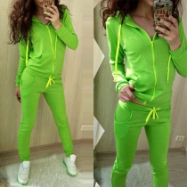 Fashion Solid Color Hooded Sweatshirt Coat + Sports Pants Two-piece Set 