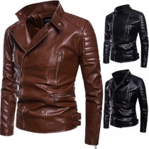 Fashion Solid Color Long Sleeve Side-zipper Men's PU Leather Jacket 