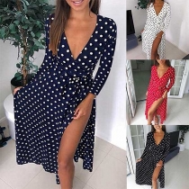 Sexy Deep V-neck Slit Hem Long Sleeve Dots Printed Dress