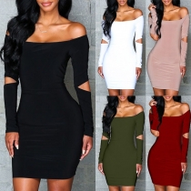 Sexy Off-shoulder Boat Neck Hollow Out Long Sleeve Tight Dress