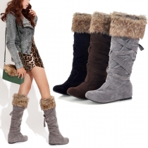 Fashion Flat Heel Round Toe Faux Fur Spliced Knee-length Boots