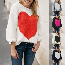Fashion Contrast Color Heart Pattern Long Sleeve Round Neck Sweater