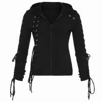 Fashion Solid Color Long Sleeve Lace-up Hooded Sweatshirt Coat 