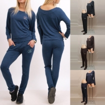 Causal Solid Color Round Neck Long Sleeve Sweatshirt+High Waist Pants Sports Suit