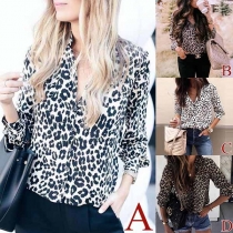 Fashion Notched Lapel Long Sleeve Leopard Print Blouse