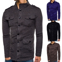 Fashion Stand Collar Button Front Flap Pocket Men's Knit Cardigan 