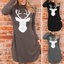 Fashion Elk Printed Long Sleeve Round Neck Dress