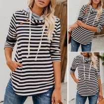 Fashion Long Sleeve Side-buttons Striped Hoodie 