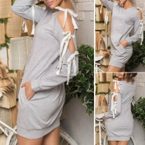Sexy Off-shoulder Hollow Out Lace-up Solid Color Sweatshirt Dress