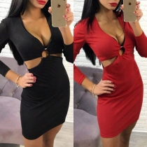 Sexy Deep V-neck Hollow Out High Waist Solid Color Tight Dress