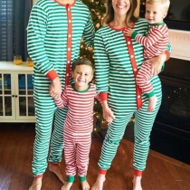 Fashion Long Sleeve Round Neck Home Wear Parent-child Striped Jumpsuit