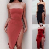 Sexy Strapless High Waist Slit Hem Solid Color Party Dress