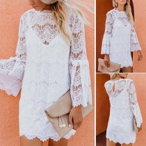 Sexy Trumpet Sleeve Round Neck Hollow Out Lace Dress