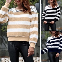 Fashion Long Sleeve Round Neck Sequin Spliced Striped Plush Top