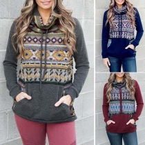 Fashion Printed Spliced Long Sleeve Cowl Neck Sweatshirt 