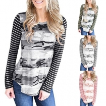 Fashion Striped Spliced Long Sleeve Round Neck Camouflage T-shirt 