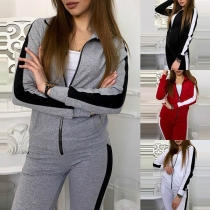 Fashion Contrast Color Long Sleeve Sweatshirt Coat + Sports Pants Two-piece Set 