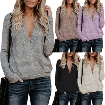 Sexy Crossover Deep V-neck Long Sleeve Solid Color Knit Top 