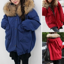 Fashion Solid Color Zipper Front Faux Fur Spliced Hooded Loose Warm Coat