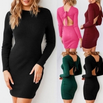 Sexy Back Lace-up Round Neck Solid Color Long Sleeve Slim-Fit Ribbed Dress