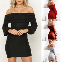 Fashion Solid Color Boat-neck Off-shoulder Slim Fit Over-hip Dress