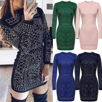 Fashion Long Sleeve Round Neck Sequin Spliced Slim Fit Dress
