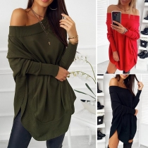 Fashion Boat-neck Off-shoulder Solid Color Long Sleeve Slit Hem Dress