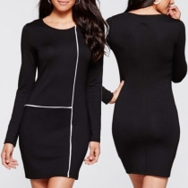 Fashion Contrast Color Round-neck Long Sleeve Slim Fit Over-hip Dress