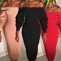 Sexy Solid Color Boat-neck Long Sleeve Slim Fit Over-hip Dress