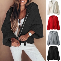 Fashion Solid Color Long Sleeve Thick Plush Zipper Hooded Coat