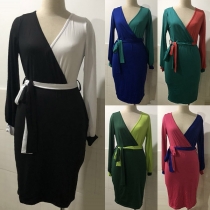 Fashion Contrast Color Twisting Long Sleeve with Waistband Dress