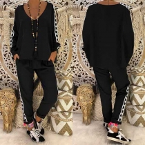 Fashion Printed Spliced V-neck Top + Pants Two-piece Set 