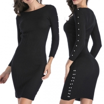 Fashion Round-neck Solid Color Long Sleeve Slim Fit Ribbing Over-hip Dress