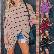 Sexy Off-shoulder Dolman Sleeve Round Neck Striped Loose T-shirt 