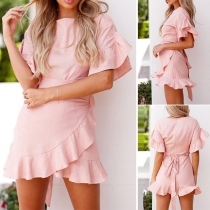 Sweet Round-neck Short Sleeve Lotus Spliced Slim Fit Dress