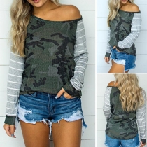 Fashion Striped Spliced Long Sleeve Camouflage Printed T-shirt 