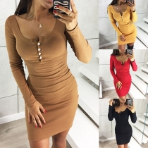 Elegant Solid Color Long Sleeve Round Neck Tight Dress